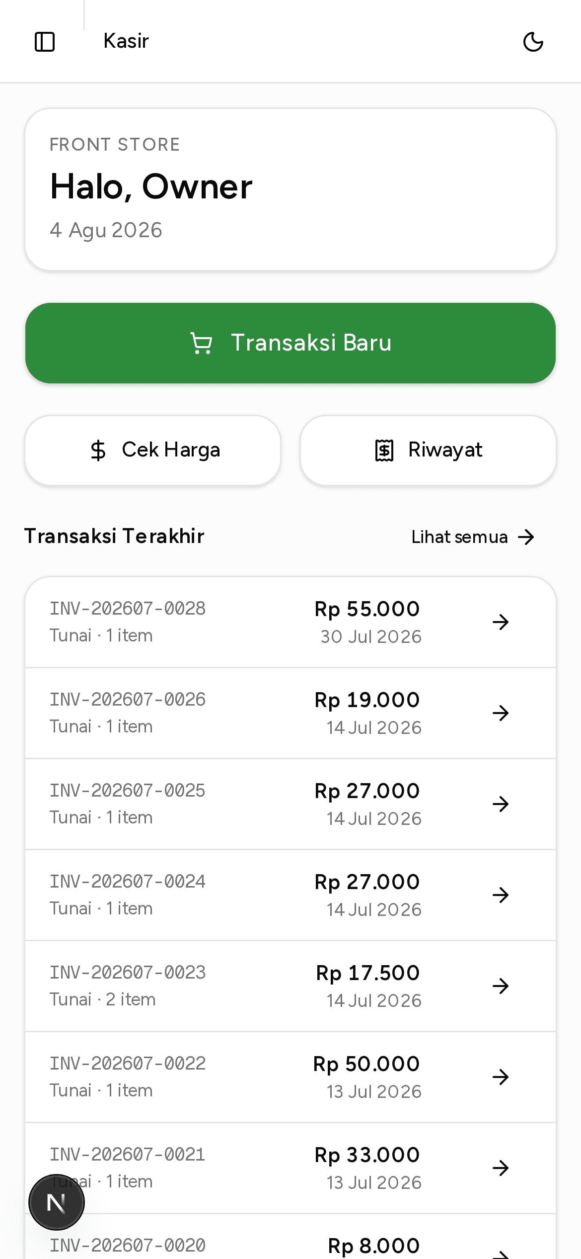 Tampilan kasir Tera POS di perangkat mobile